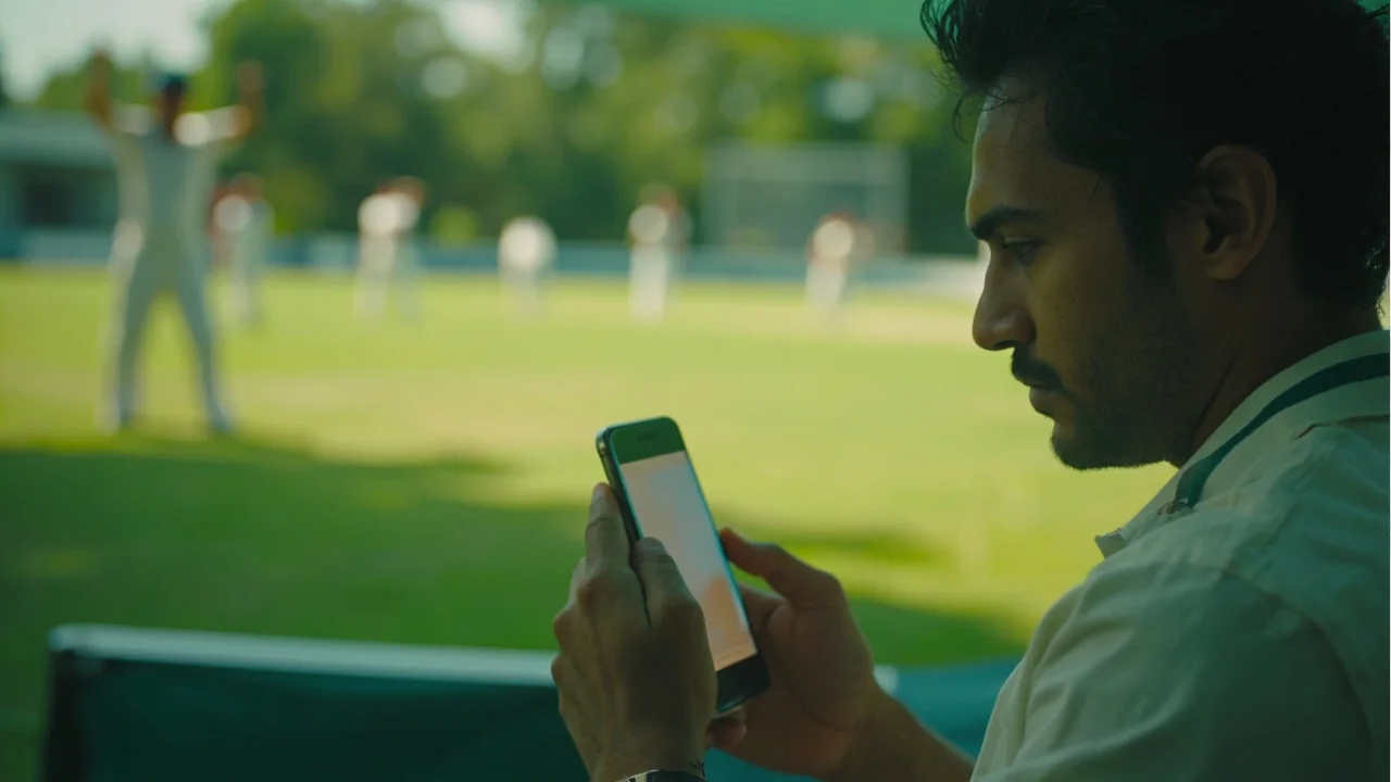 A guide about a smartphone showing a cricket research web page in daylight