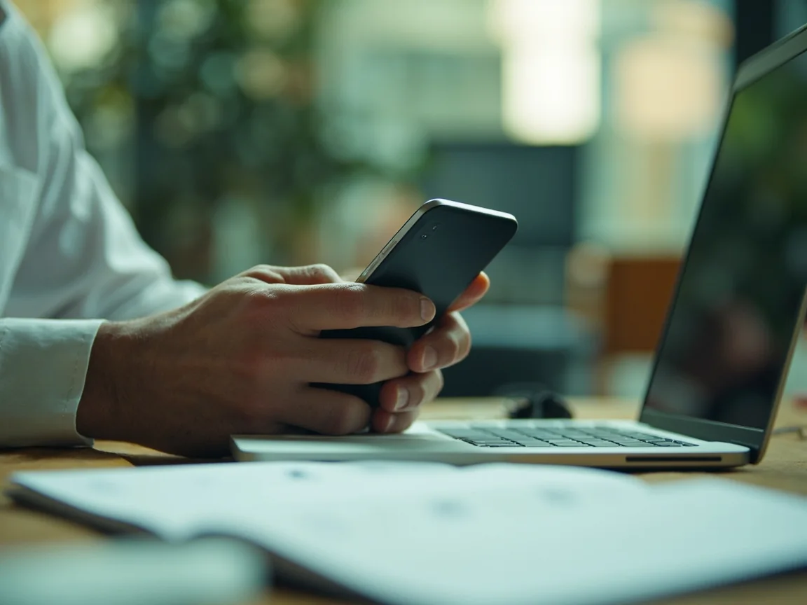 A paper note on domain records beside a phone screen
