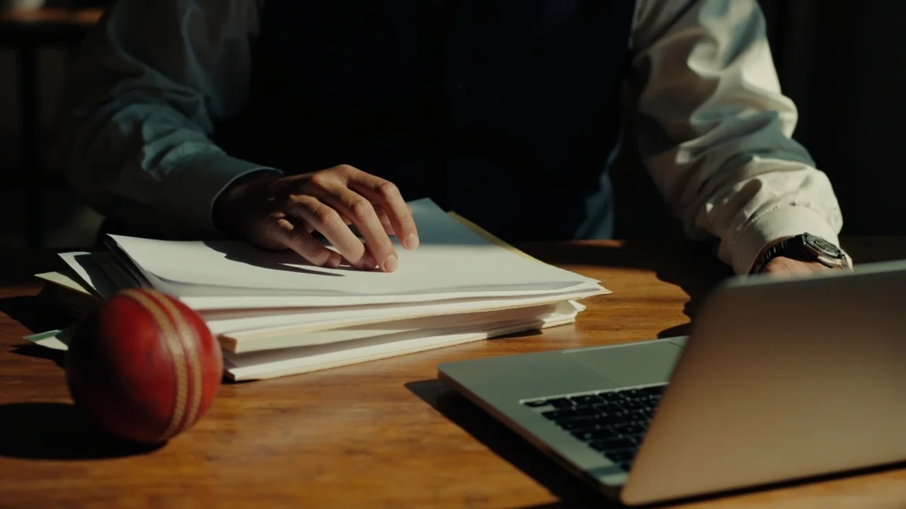 A research desk with a paper note on ownership and a public records browser