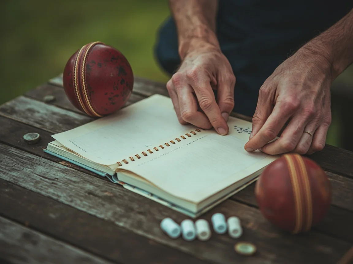 Close view of a handwritten cricket scorebook on a desk